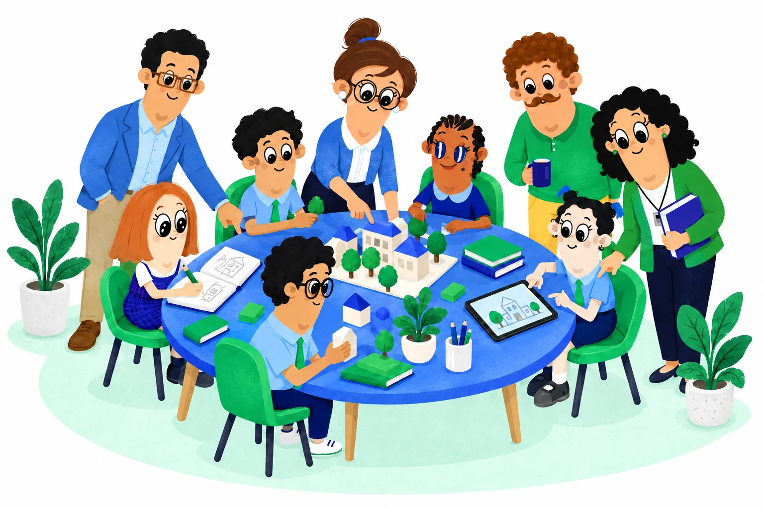 Learners, educators and parents designing a school together around a table