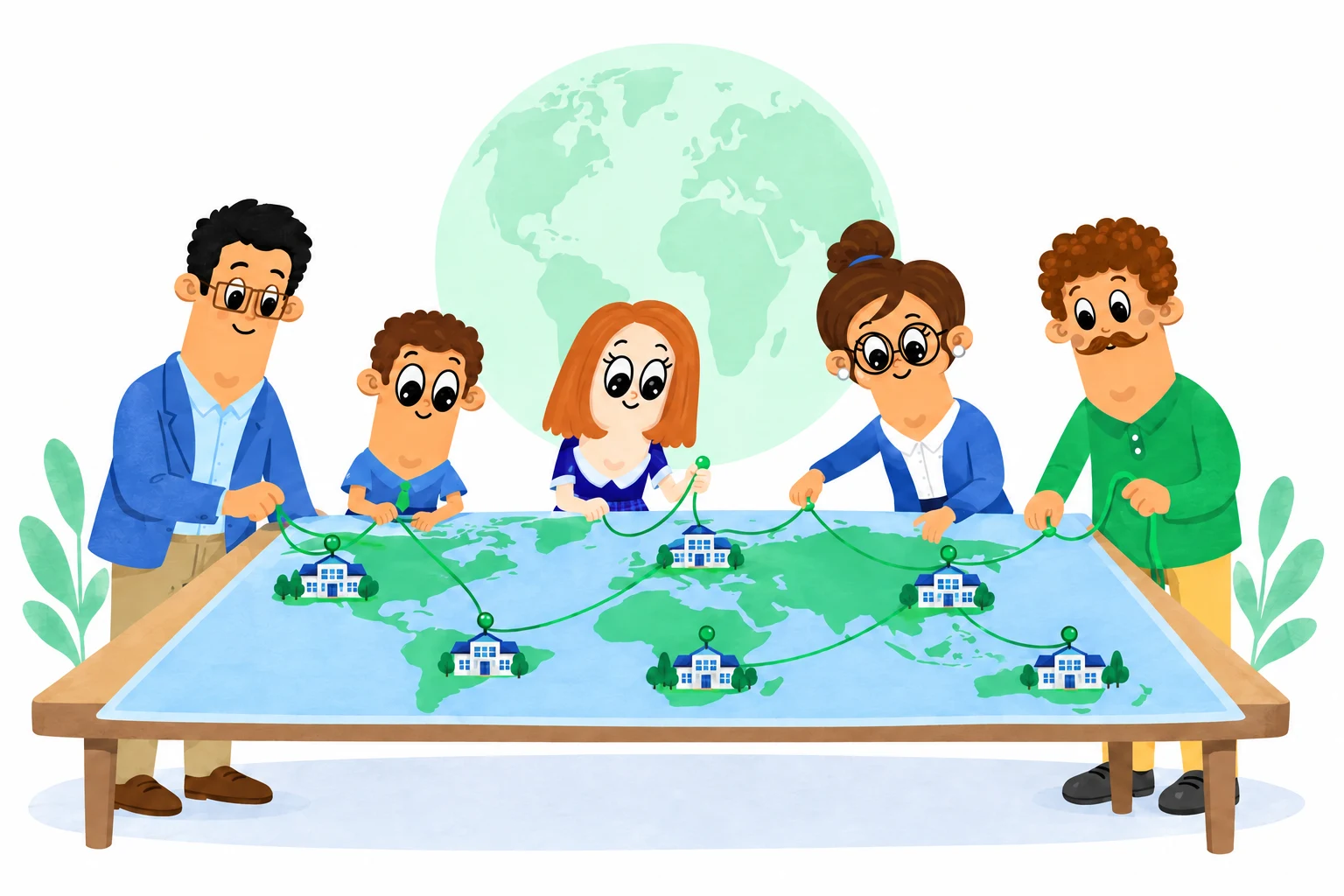 Learners and educators connecting school models across a world map