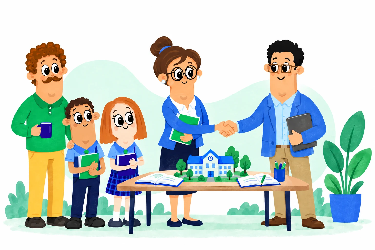 A teacher and advisor shaking hands beside a school model with a family