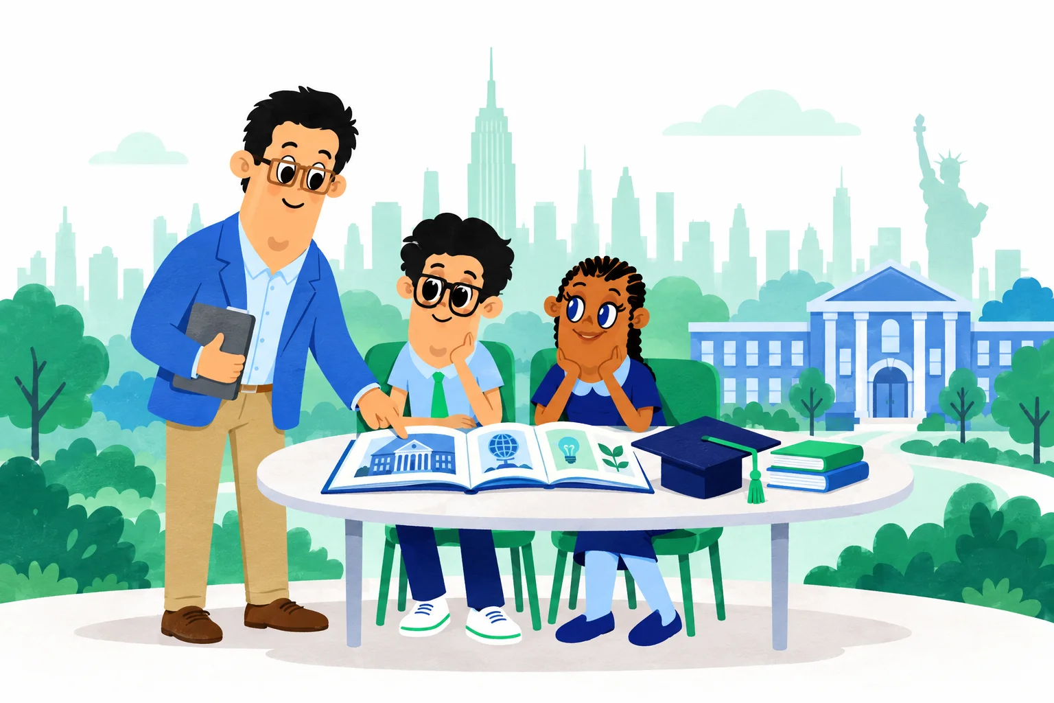 inschools brand characters exploring education in USA